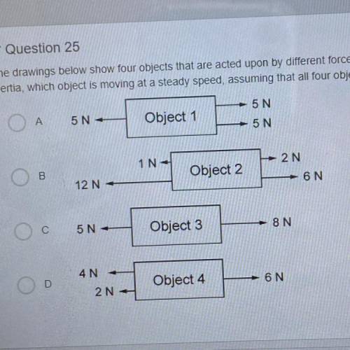 Question 25

The drawings below show four objects that are acted upon by different forces The dire