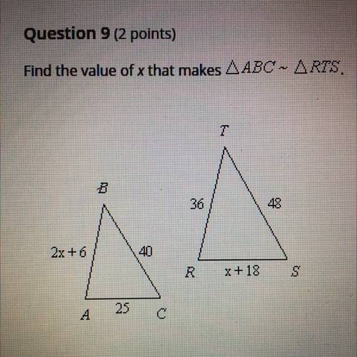 Find the value of x that makes ABC ~ RTS.