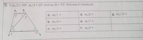PLEASE ANSWER THIS
 

3. If m2 = 989, mZ3 = 23° and mZ8 = 70°, find each measure. 218 7. a. mZ1 = d