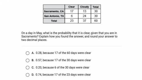 WILL GIVE BRAINLIEST. The data give the average number of days in May that are clear and cloudy in