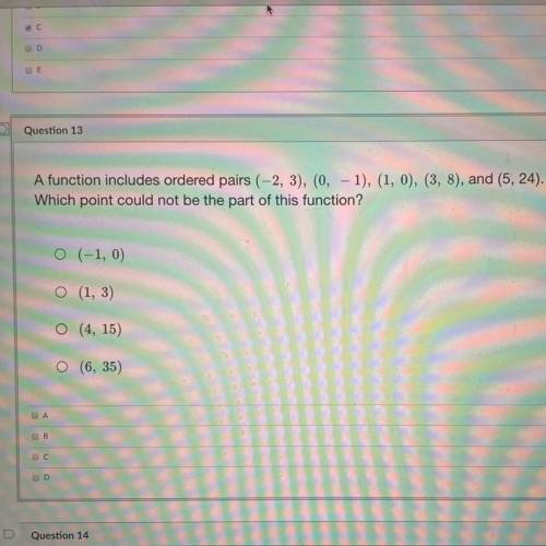 A function includes ordered pairs (-2, 3), (0,-1) (1,0), (3,8) and (5,24). Which point could not be