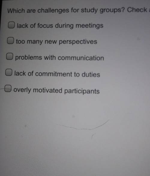 Which are challenges for study groups? Check all that apply. lack of focus during meetings too many