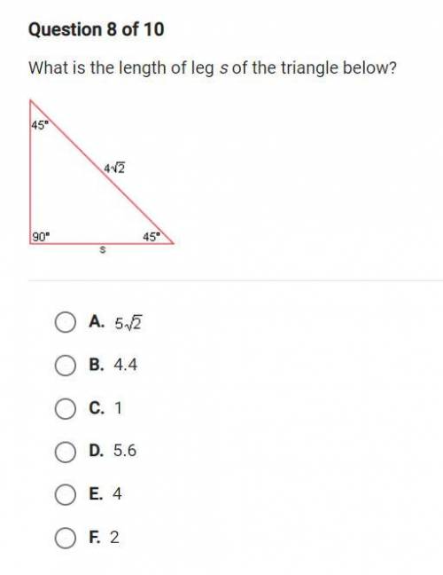 What is the length of leg s of the triangle below