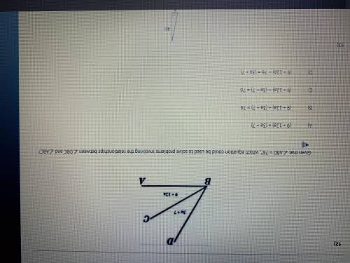 Given that angle ABD = 76°, which equation could be used to solve proboems involving the relationsh