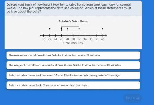Deirdre kept track of how long it took her to drive home from work each day for several weeks. The