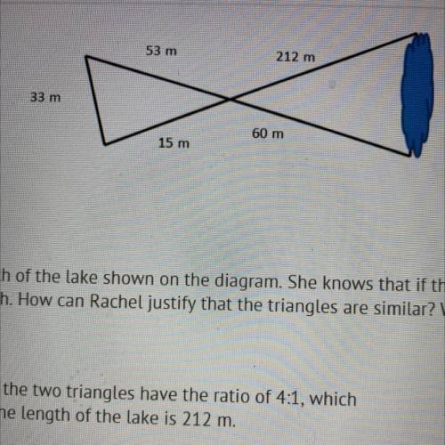 Rachel is trying to find the length of the lake shown on the diagram. She knows that if the two tri