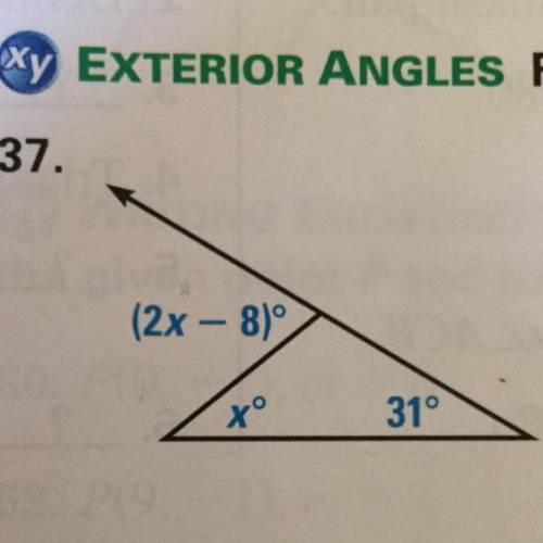 Find the measure of the exterior angle shown. Please show the steps.