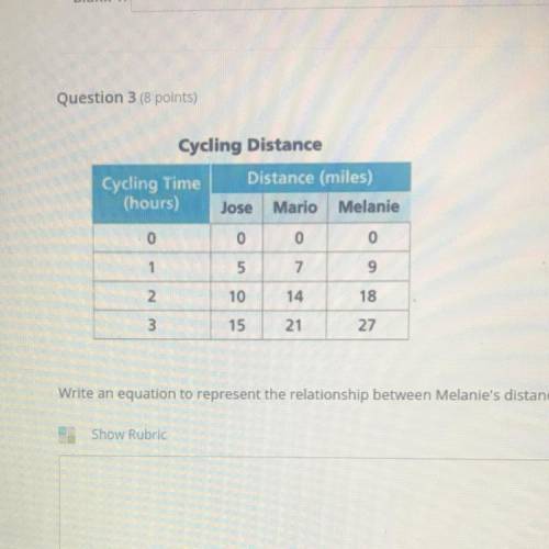 Write an equation to represent the relationship between Melanie's distance d and the time t cycled.