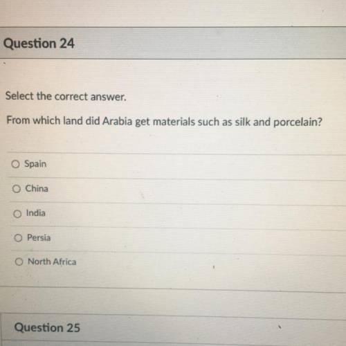 Select the correct answer.

Post Exam : Question 24
From which land did Arabia get materials such