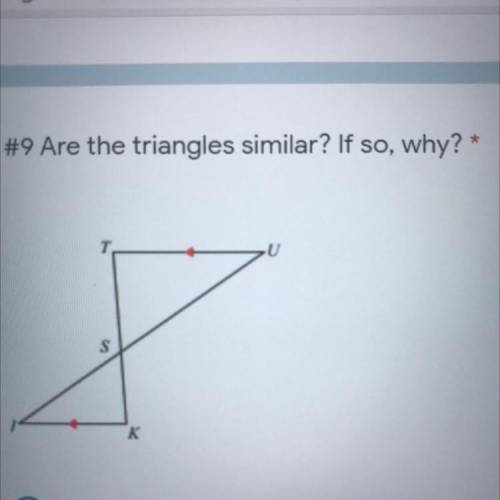 Are the triangles similar? If so, why?

Answer choices-
AA Triangle Similarity
SAS Triangle Simila