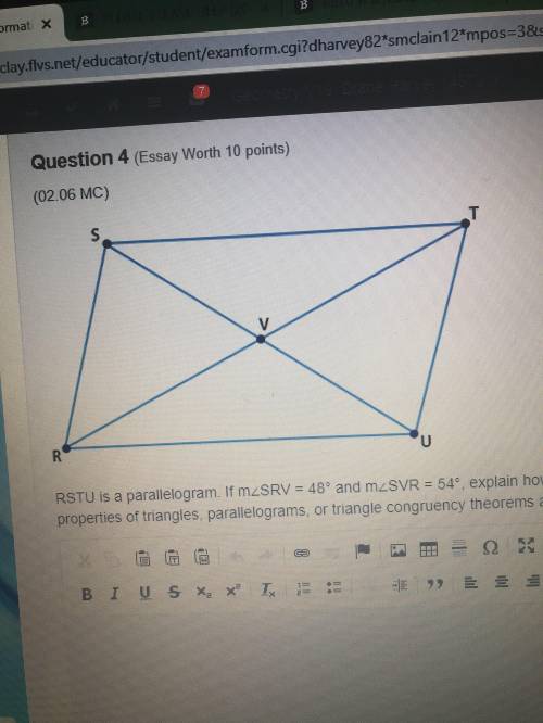 PLEASE HELP ME (20 Points)

RSTU is a parallelogram. If m∠SRV = 48° and m∠SVR = 54°, explain how y