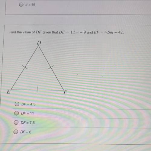 If DE=1.5m-9 and EF=4.5m-42 what is the value of DF (equilateral triangle)