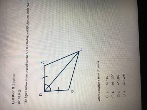 The figure below shows a quadrilateral ABCD with diagonal BD bisecting angle ADC: Which equation is