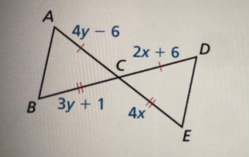 Triangles ABC and DEC are congruent, solve for x and y.
