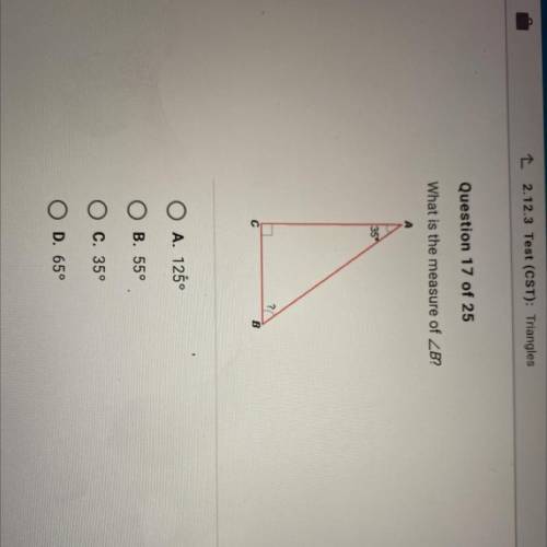 What is the measure of
A. 135°
B. 55°
C. 35°
D. 65°