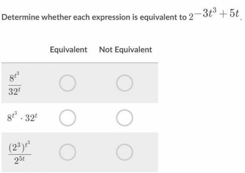 Determine whether each expression is equivalent to 2^{\large -3t^3+5t}2

−3t 
3
+5t
WILL MARK CORR