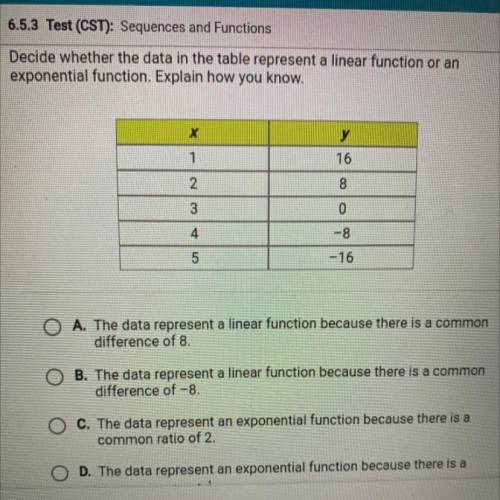 Decide whether the data in the table represent a linear function or an exponential function explain