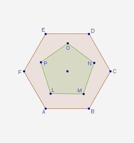 A regular pentagon shares a common center with a regular hexagon. If LM || AB, across how many line