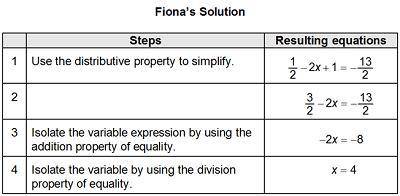 What is the missing step of her solution?

A. Simplify by combining like terms. 
B. Simplify by us