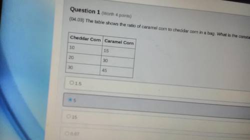 The table shows the ratio of caramel corn to cheddar corn in a bag. What is the constant of proport