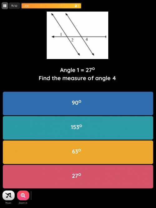 Angle 1 = 27° find the measure of angle 4