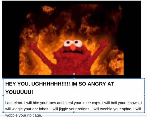 HEY YOU, UG IM SO ANGRY AT YO!

i am elmo. I will bite your toes and steal your knee caps. I will b