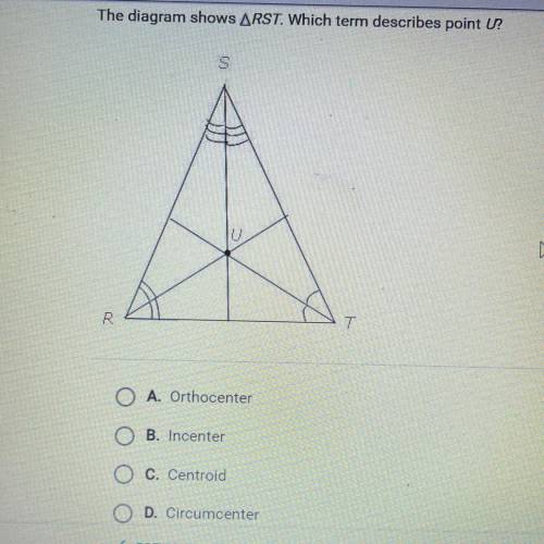Please help me :( The diagram shows ARST. Which term describes point U?

OA. Orthocenter
O B. Ince