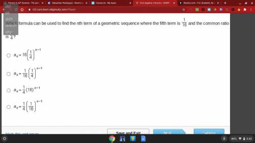 Which formula can be used to find the nth term of a geometric sequence where the fifth term is 1/16
