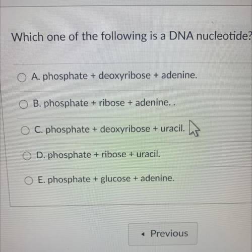 Bio final hekp

Which one of the following is 
a DNA nucleotide?
A. phosphate + deoxyribose + aden