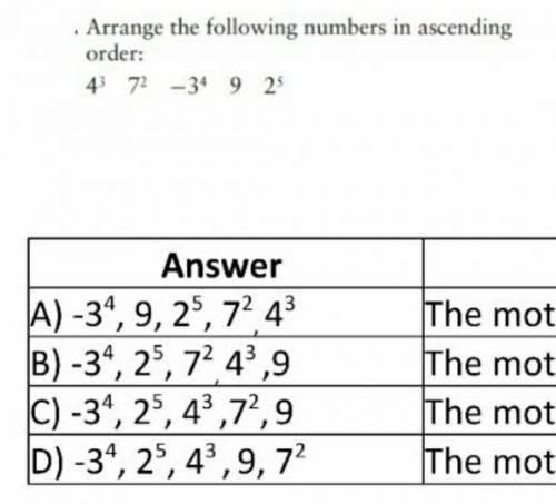 Arrange the following numbers in ascending order :  4³, 7² , -3⁴ , 9 , 2⁵