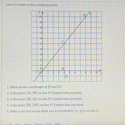 Line l is shown in the coordinate plane.

1. What are the coordinates of B and D?
2. Is the point