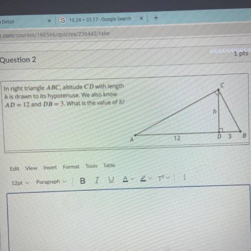 In right triangle ABC, altitude CD with length

his drawn to its hypotenuse. We also know
AD= 12 a