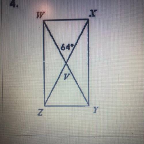 Find the missing measures of the following rectangle

Angle XWY=
Angle YXZ=
Angle WVZ=
Angle XWZ=