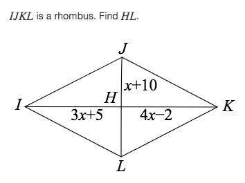IJKL is a rhombus. Find HL. The figure shows rhombus I J K L with its diagonals. The diagonals inte