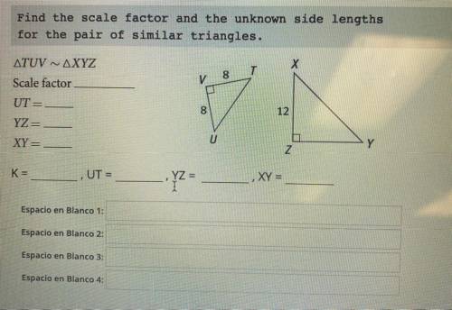 Find the scale factor and the unknown side lengths for the pair of similar triangles