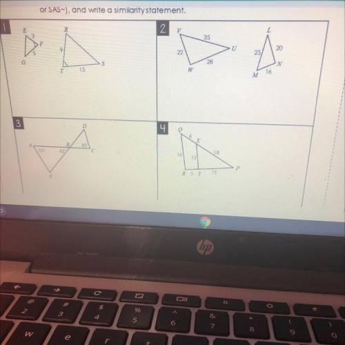 Please help!
determine whether the triangles are similar. If similar is it AA~SSS~or SAS