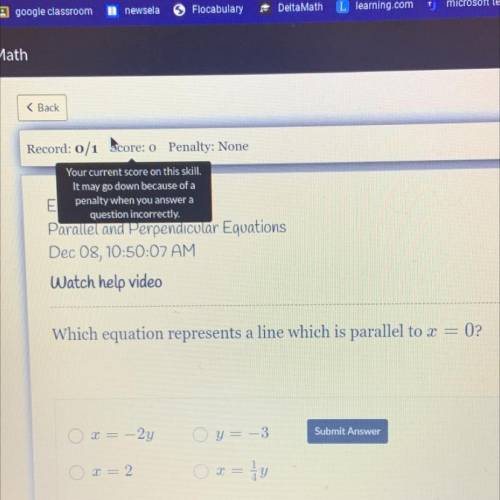 Which equation represents a line which is parallel to x=0