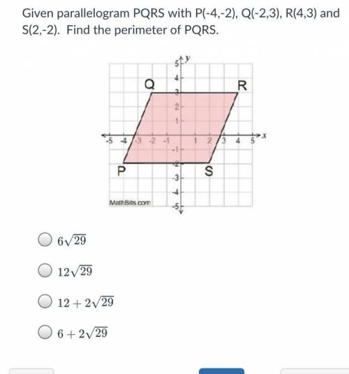 Given parallelogram PQRS with P(-4,-2), Q(-2,3), R(4,3) and S(2,-2). Find the perimeter of PQRS.