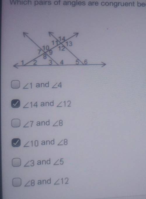 Which pairs of angles are congruent because they are vertical angles? Check all that apply.
