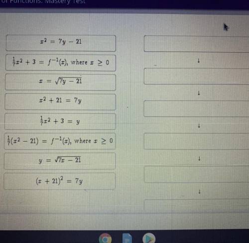 NEED HELP ASAP!!

Consider function f 
F(x)= radical 7x-21 
Place the steps for finding f-1(x) in