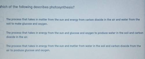 Please help me.

Which of the following describes photosynthesis? Brainliest to whom ever is first