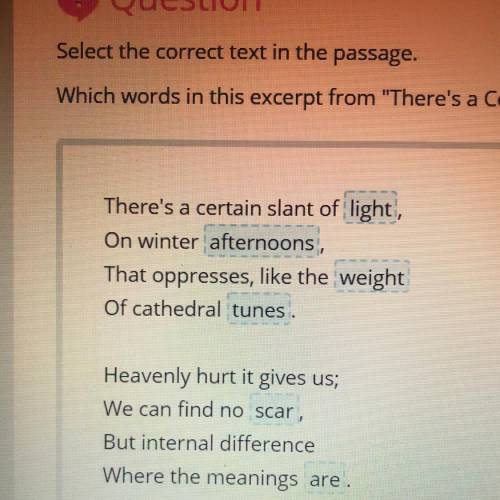 Which words in this excerpt from There's a Certain Slant of Light by Emily Dickinson create a sla