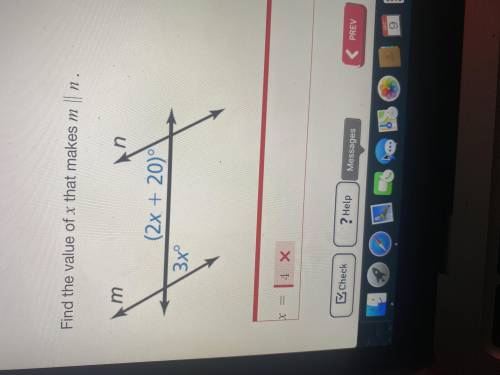 Find the value of x that makes m || n 
(2x+20) 3x