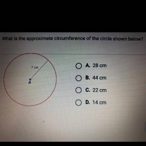 What is the approximate circumference of the circle shown belon

A. 28 cm
B. 44 cm
C. 22 cm
D. 14