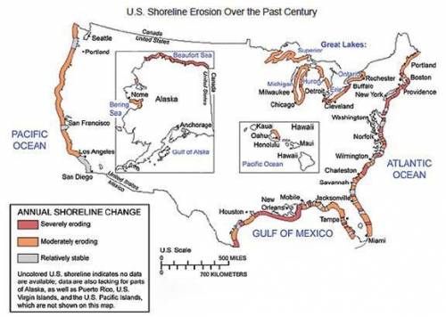 According to the map, which part of the United States has the longest stretch of beach that is expe