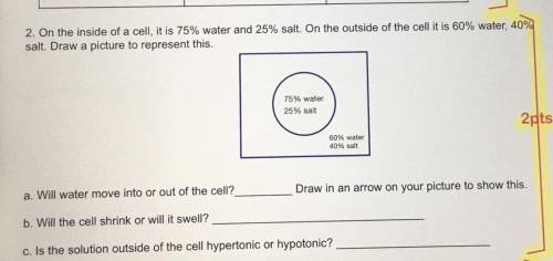 Applying Osmosis

On the inside of a cell, it is 75% water and 25% salt. On the outside of the cel