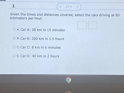 Given the times and distance covered, select the cars driving at 80 kilometers per hour.