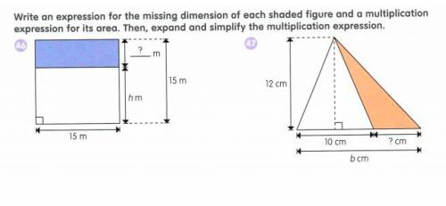 Write an expressions for the missing dimension of each shaded figure and a multiplication expressio