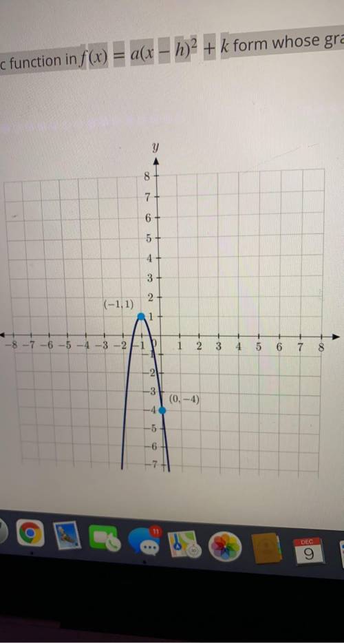 Write the quadratic function in f(x)=a(x−h)2+k form whose graph is shown below.
