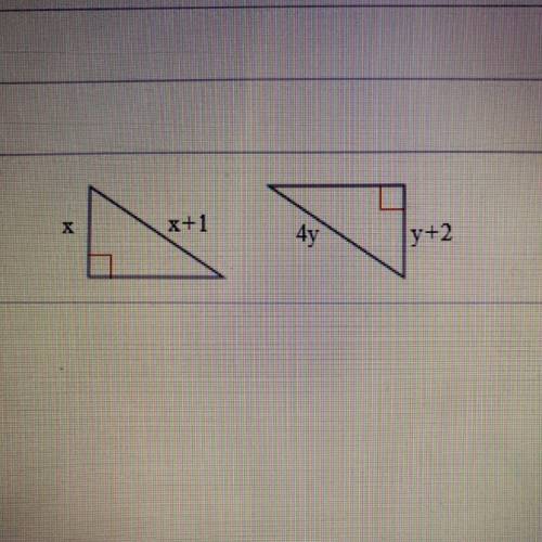 For what values of x and y are the triangles to the right congruent by HL?
X= 
Y=